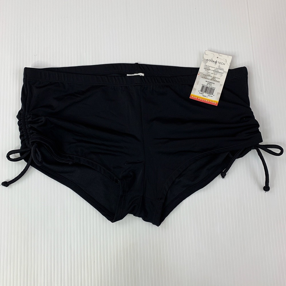 Aqua Tech Womens Size Large Black Solid Side Tie Shortie Swimwear NWT